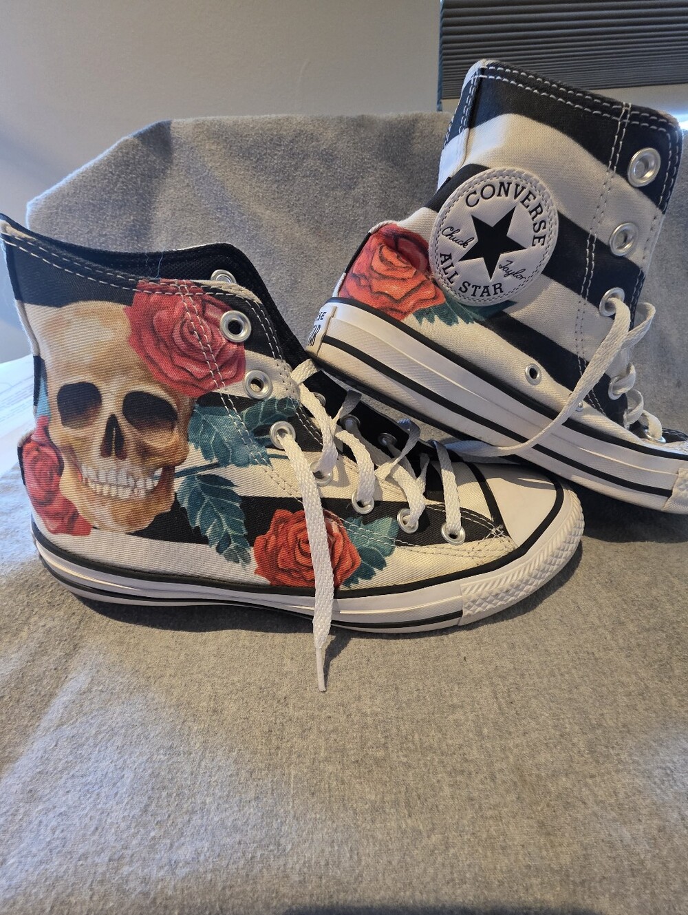 Converse Chuck Taylor All Star High Top Sneakers with Red Rose & Skull Graphic